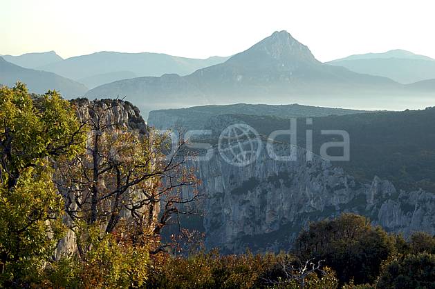 aa042160LE : Gorges du Verdon, Var. Europe, CEE, falaise, C02, C01, brouillard arbre, moyenne montagne, paysage (France).