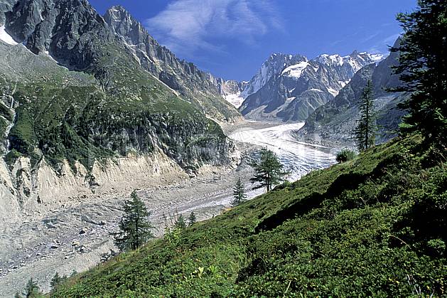 aa2543-18LE : Mer de Glace, Massif du Mont-Blanc, Chamonix, Haute-Savoie, Alpes. Europe, CEE, ciel bleu, herbe, glacier, vallée, C02, C01 moyenne montagne, paysage, Annecy 2018 (France).
