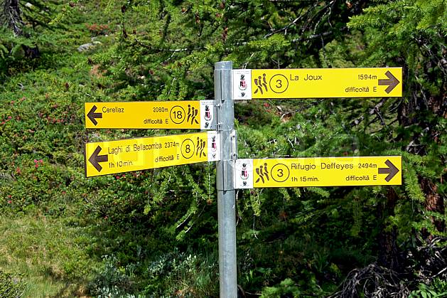 ae041267LE : Panneau de randonnée, au-dessus de La Thuile. randonnée pédestre Europe, CEE, sport, rando, loisir, action, sport de montagne, panneau, signalisation, signalisation, C02, C01 environnement, forêt, moyenne montagne (Italie).