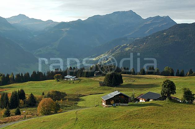 ae042216LE : Beaufortain, Savoie, Alpes. Europe, CEE, village, cabane, C02, C01 arbre, environnement, forêt, habitation, moyenne montagne, paysage (France).