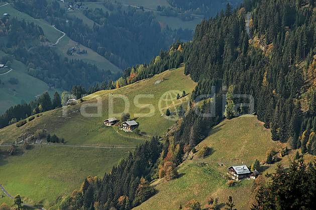 ae042658LE : Beaufortain, Savoie, Alpes. Europe, CEE, village, cabane, C02, C01 arbre, environnement, forêt, habitation, moyenne montagne, paysage (France).