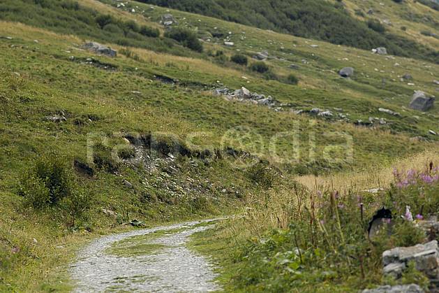 ae055611LE : Piste de montagne, Beaufortain, Alpes. Europe, EEC, footpath, mountain pasture, road environment, middle mountain, landscape, transportation (France).