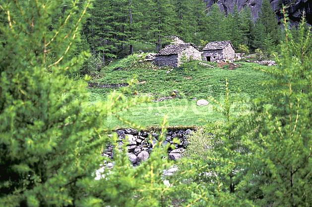 ae0967-26LE : Alpage, Valle dell Orco, Alpes. Europe, CEE, herbe, sapin, C02, C01 environnement, habitation, moyenne montagne, patrimoine, rivière (Italie).