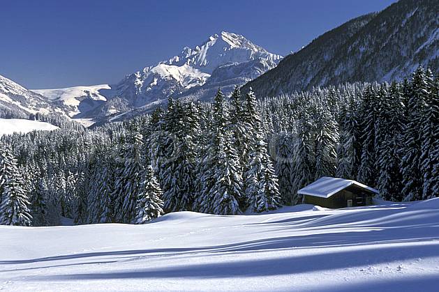 ae2128-27LE : Plateau des Glières, Haute-Savoie, Alpes. Europe, CEE, cabane, ciel bleu, sapin, poudreuse, C02, C01 arbre, environnement, forêt, habitation, moyenne montagne, patrimoine, paysage, Annecy 2018 (France).