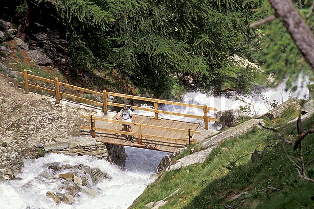 cg0607-34LE : Grand Paradis, Alpes. randonnée pédestre Europe, CEE, sport, rando, loisir, action, sport de montagne, fleur, pont, C02, C01 environnement, femme, moyenne montagne, personnage, rivière (Italie).