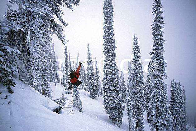 da2609-31LE : Ski-freeride, Fernie, Colombie Britannique. ski hors piste Amérique du nord, Amérique, sport, loisir, action, glisse, sport de montagne, sport d'hiver, ski, sport extrême, brouillard, évasion, gerbe, liberté, sapin, C02, C01 arbre, forêt, homme, personnage, saut (Canada).