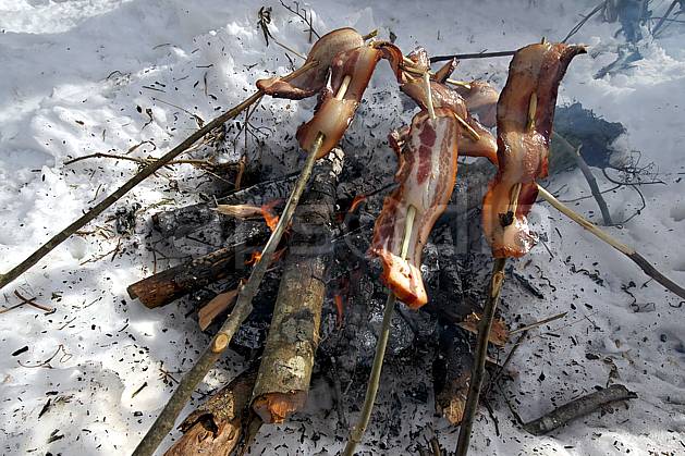fb050690LE : Lard grillé au feu de bois. Europe, CEE, pique nique, C02, C01 bivouac, moyenne montagne, style de vie (Allemagne).